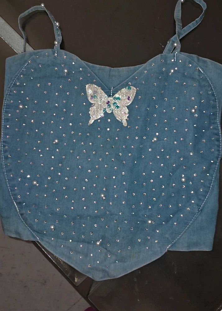 Sparkly Butterfly Denim Crop Top