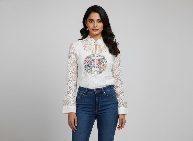 White Lace Mandarin Collar Blouse