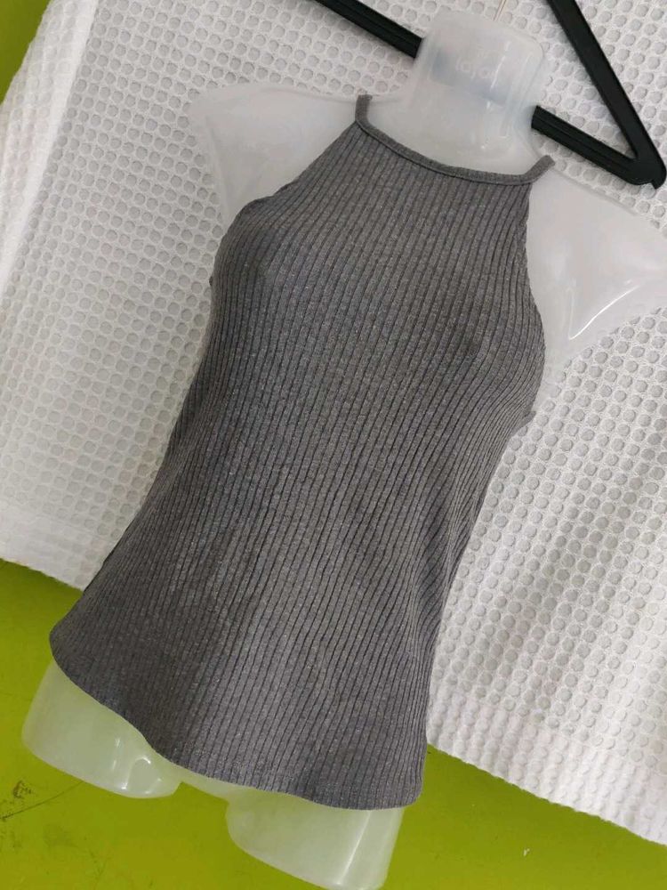 Gray Ribbed Halter Tank Top