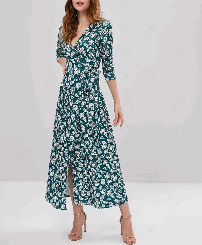 ✨Elegant Green Leaf Print Wrap Dress✨