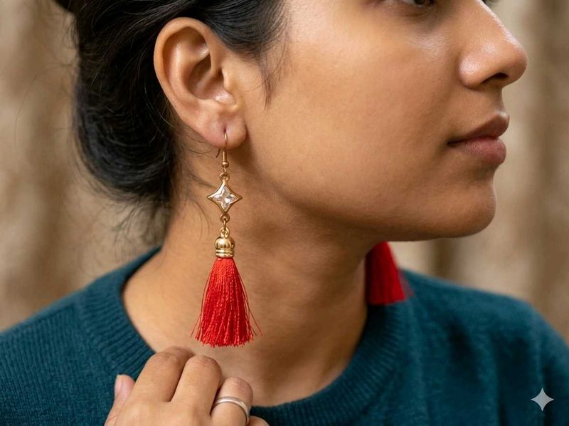 Red Tassel Earrings with Star Charm