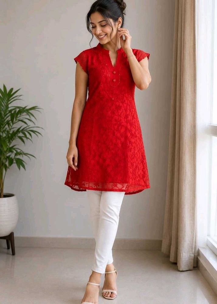Red Embroidered Kurta