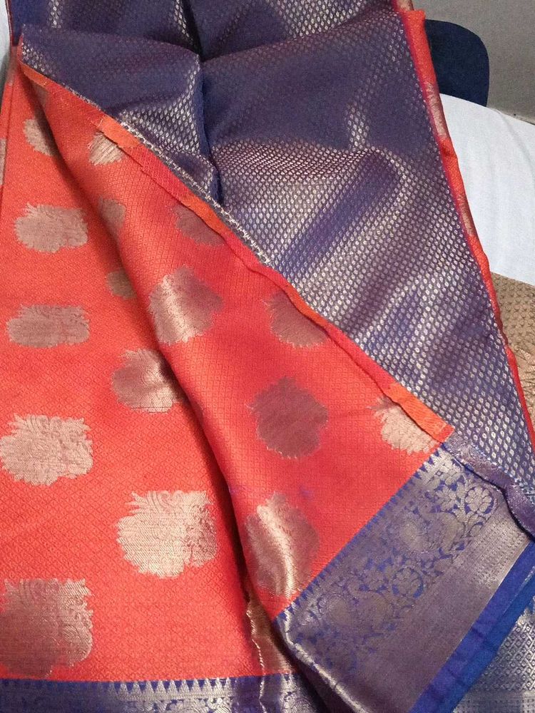 Elegant Coral &amp; Navy Brocade Saree