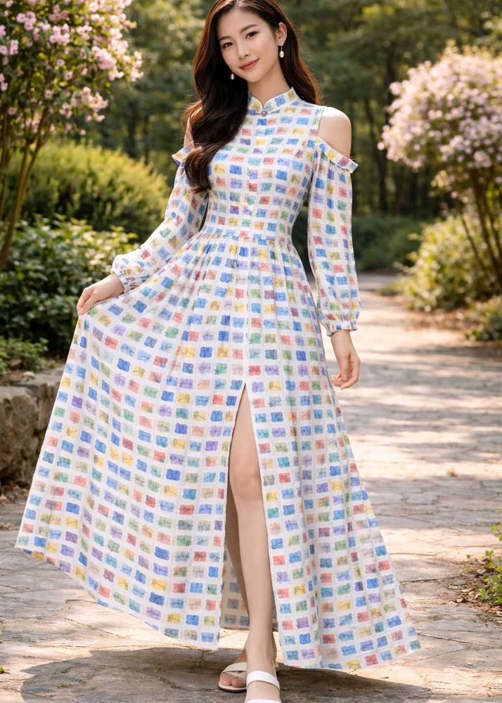 Colorful Patterned Cold Shoulder Dress