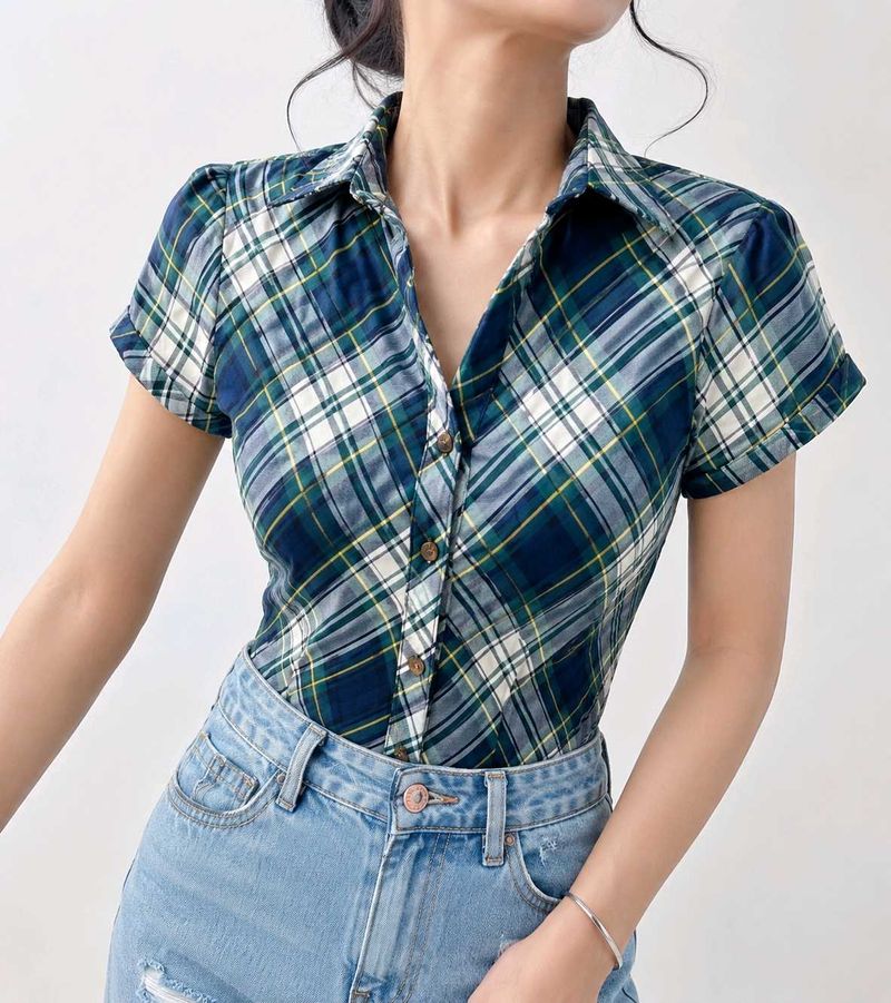 Chic Plaid Short-Sleeve Button-Up Top