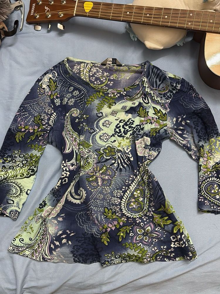 Boho y2k Paisley Print Long sleeve Top with sequin