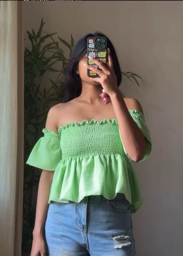 Lime Green Smocked Off-Shoulder Top
