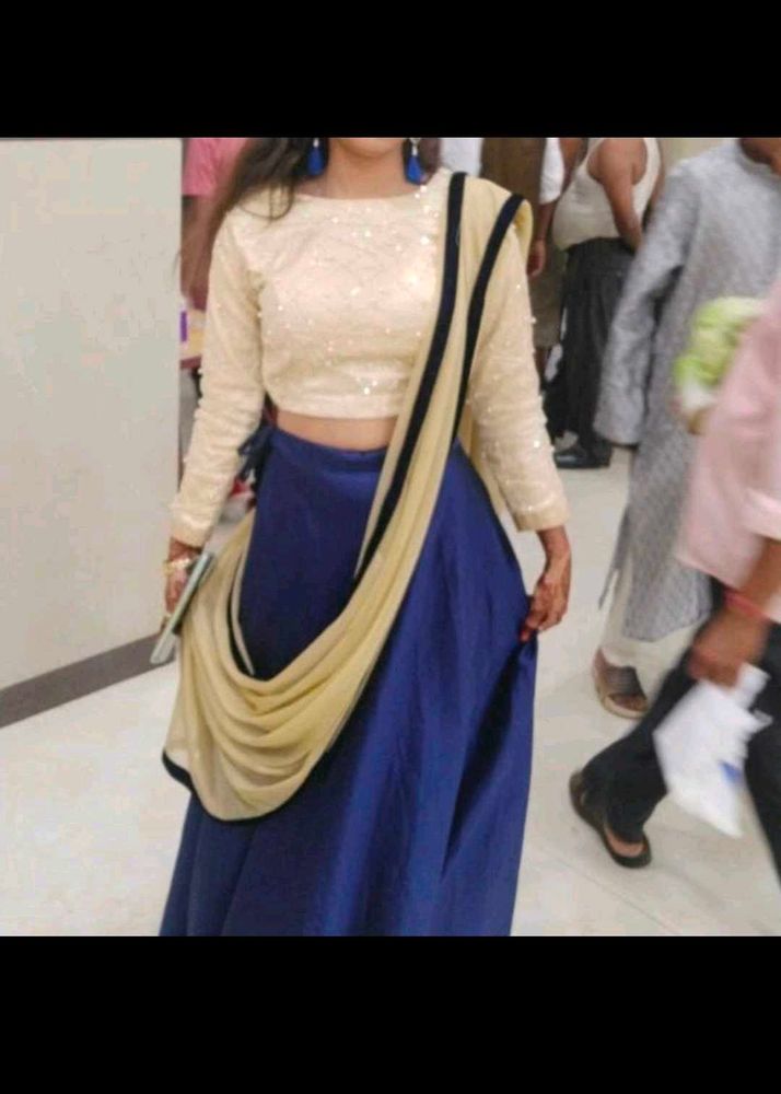 Elegant Sequined Blouse &amp; Royal Blue Skirt Set