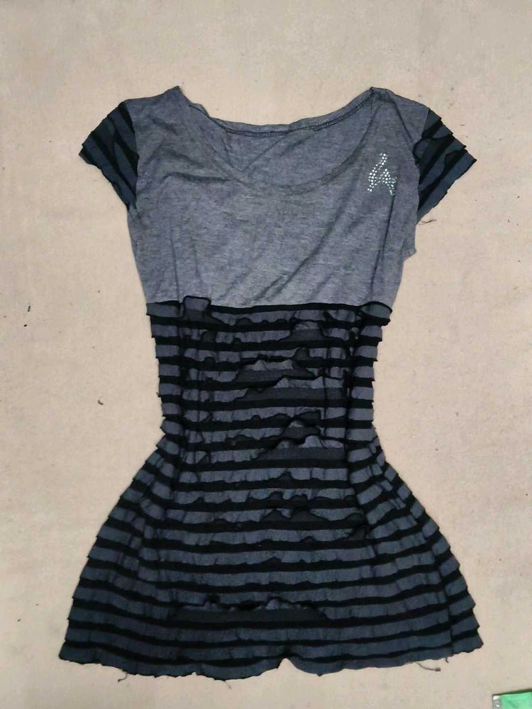 Grey &amp; Black Striped Ruffle Tunic Top