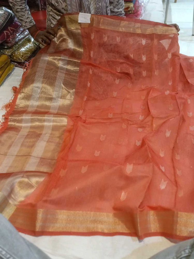Elegant Coral Saree with Golden Border