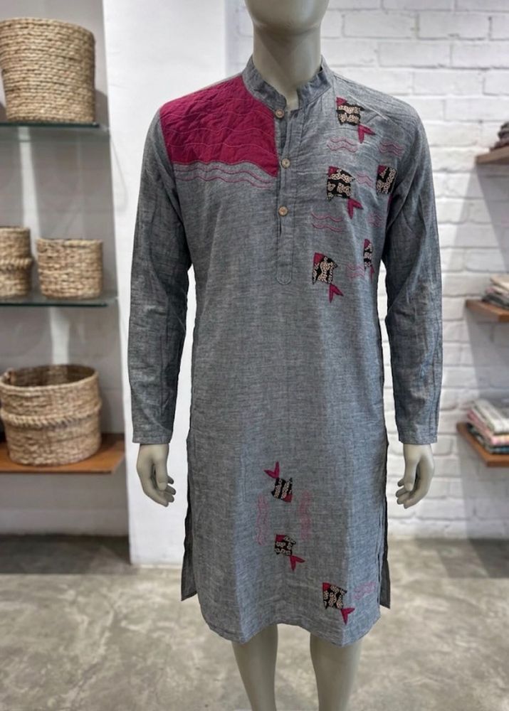 Grey Kurta with Pink Accent