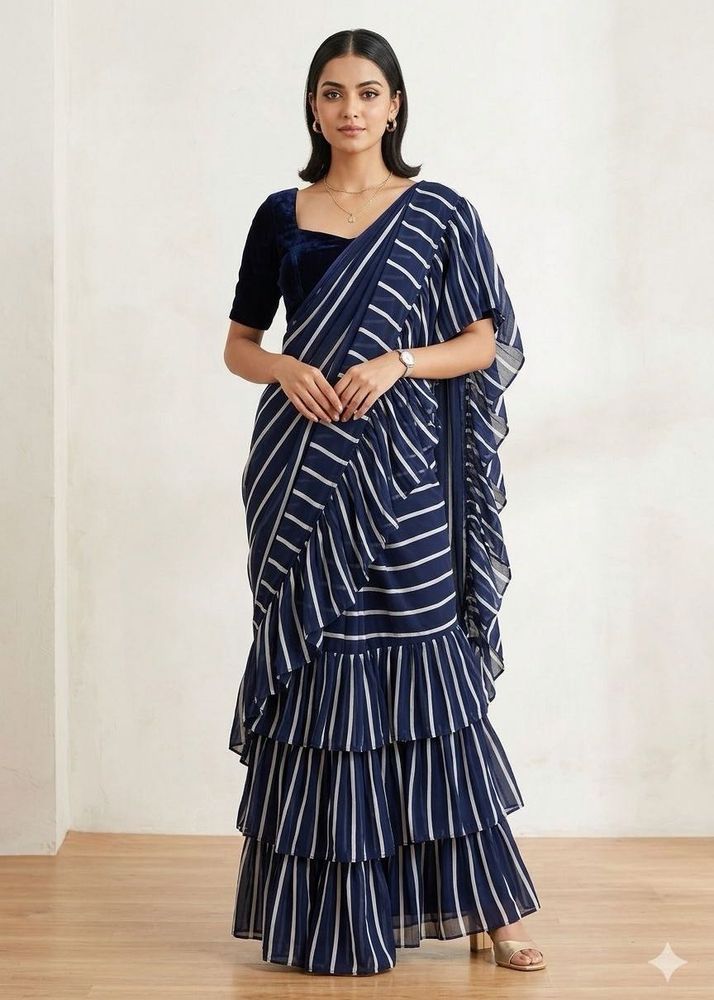 ruffle Stylish Navy Striped Tiered Saree