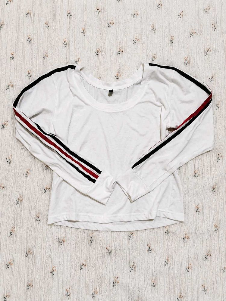 White Long Sleeve Top with Striped Sleeves