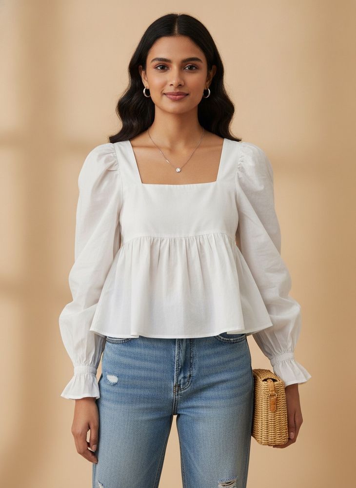 Chic White Square Neck Peplum Top