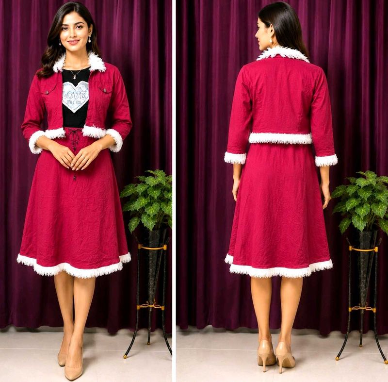 Girls Maroon Kurta with Fur jocket Set