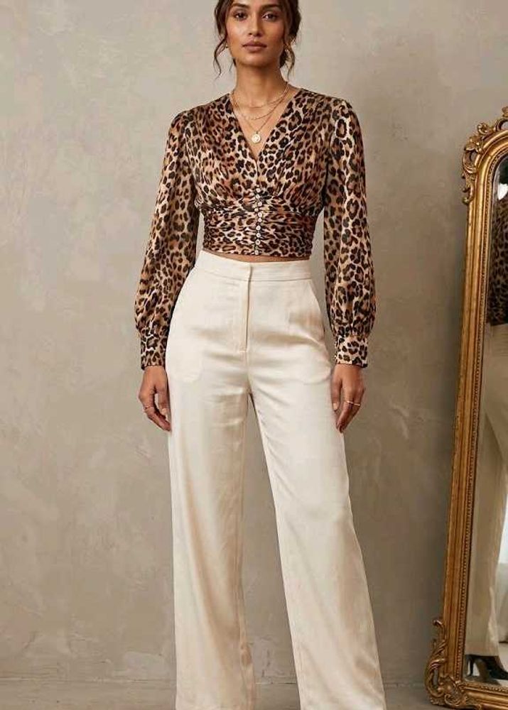 Leopard Print V-Neck Ruched Crop Top