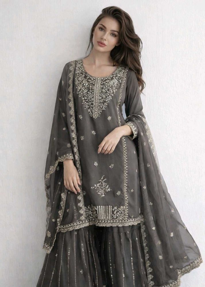 Elegant Grey Embroidered Gharara Suit