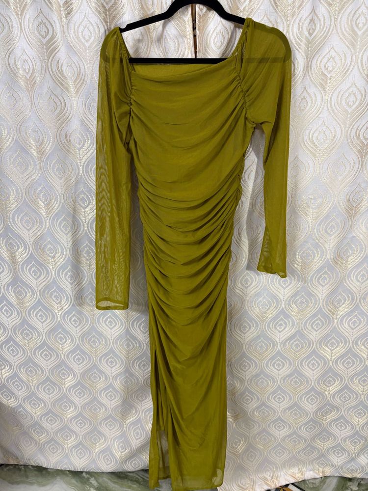 Olive Ruched Mesh Midi Dress