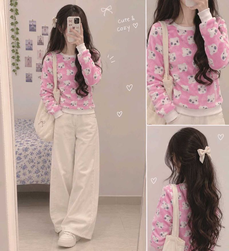 Cute Pink Fluffy Bear Print Top