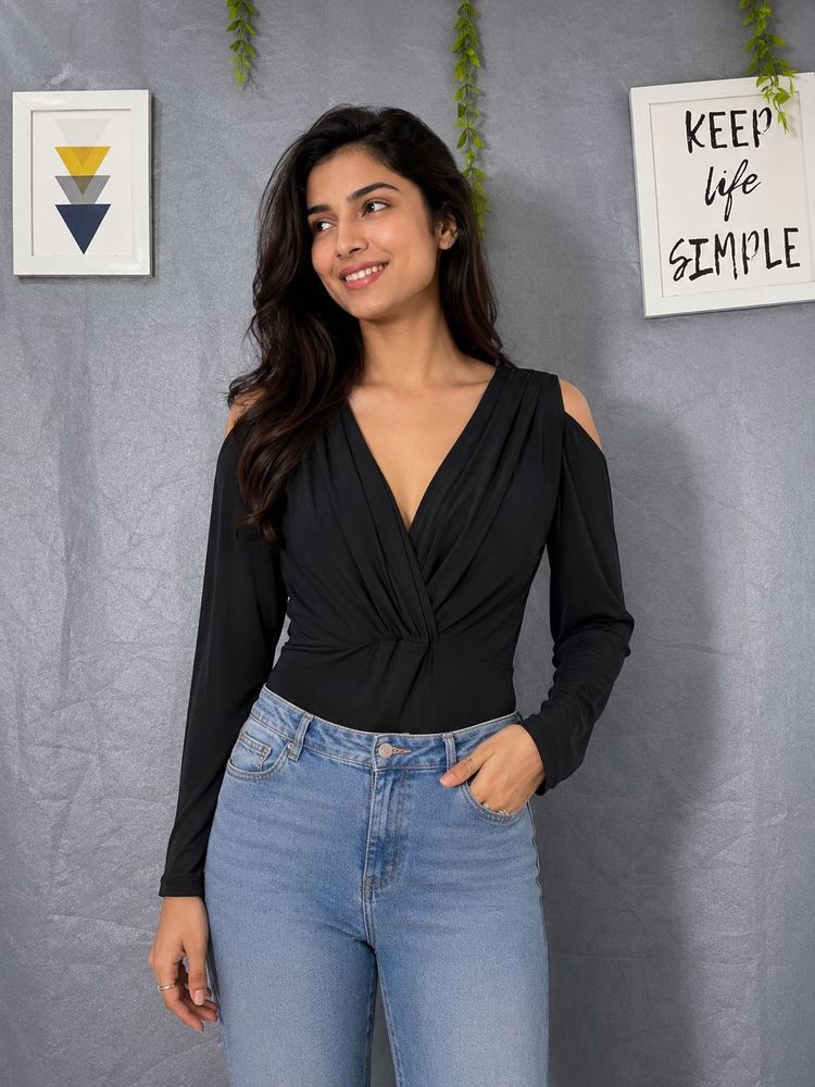 Chic Black Plunge Neck Bodysuit