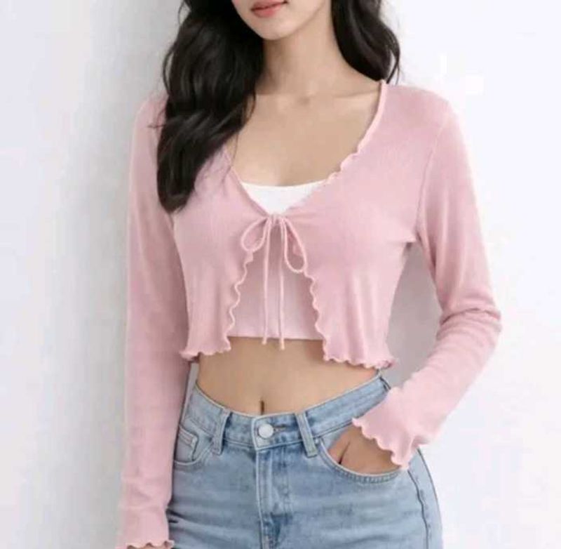 Cute Pink Tie-Front Crop Cardigan top