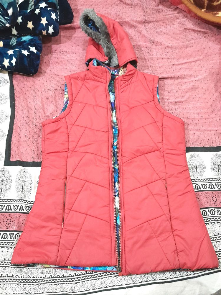 Reversible Padded Vest with Fur Hood