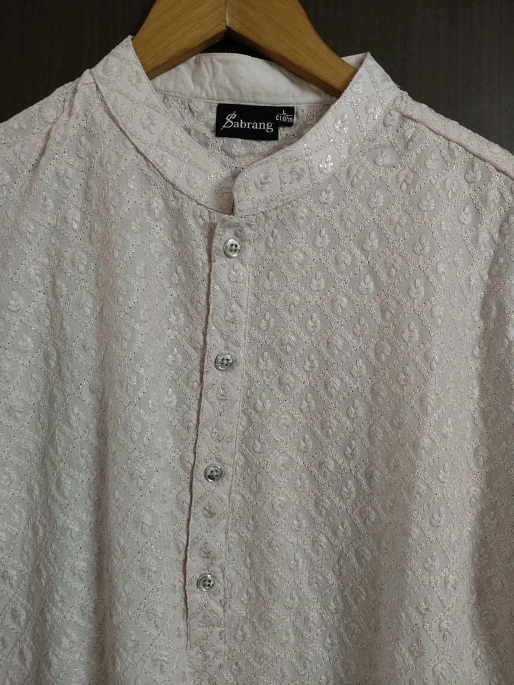 Pink full embroidered cotton kurta with paja
