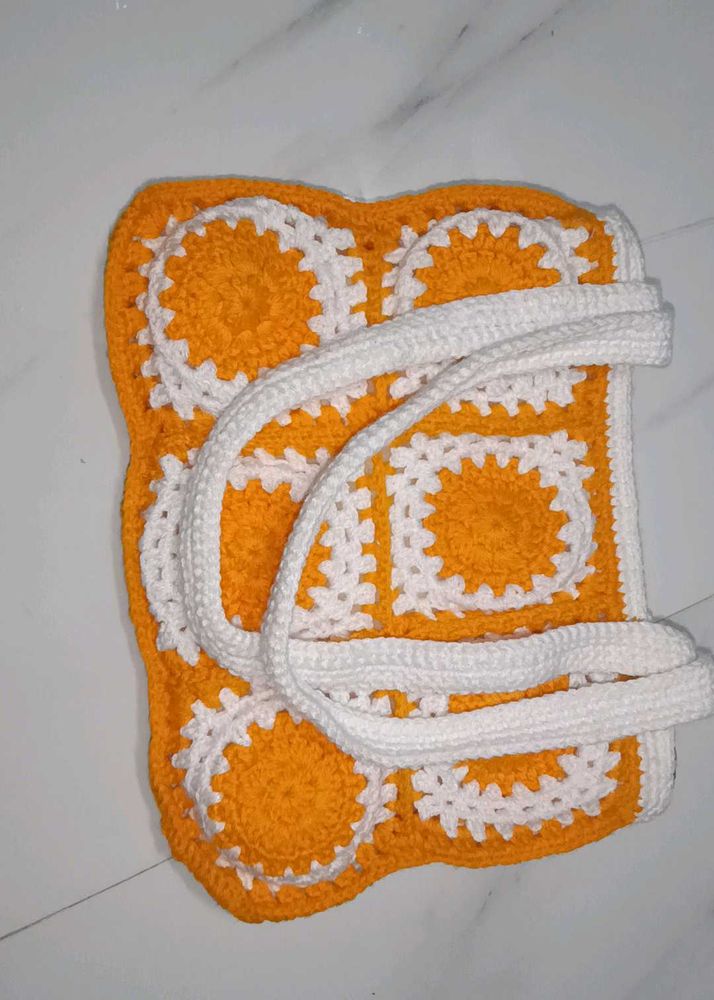 Handmade Crochet Tote Bag - Yellow &amp; White