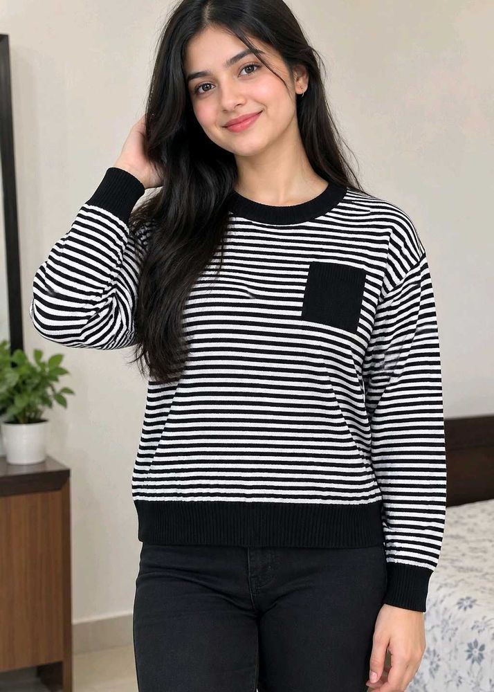 Striped Knit Sweater with Pocket