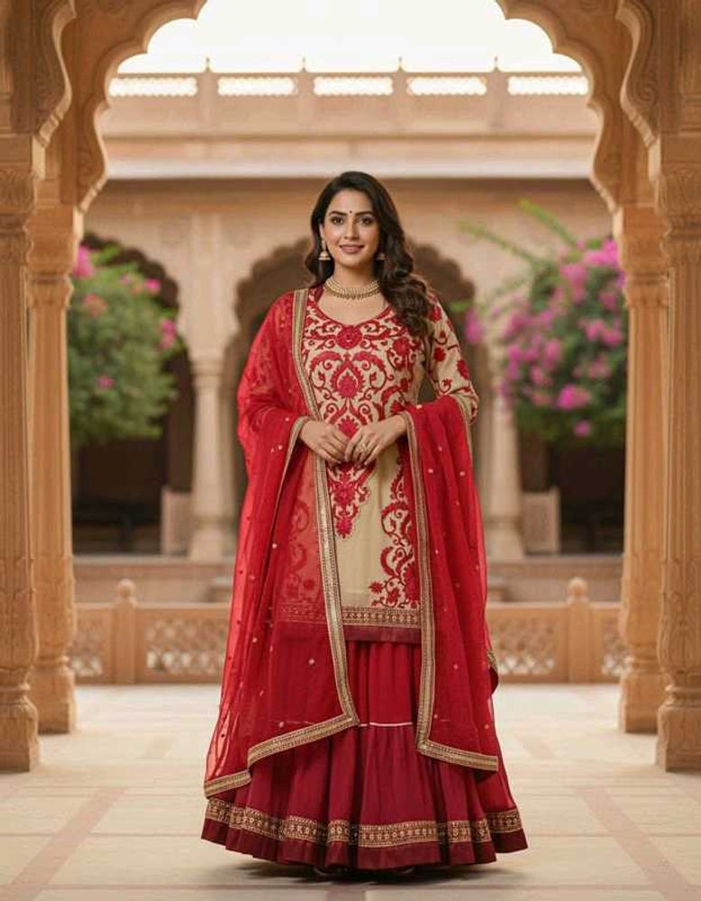 Elegant Red Embroidered Kurta skirt  Set
