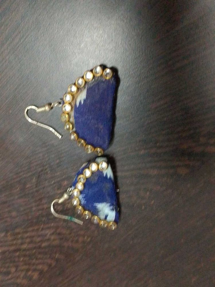 Blue Fabric and Stone Earrings