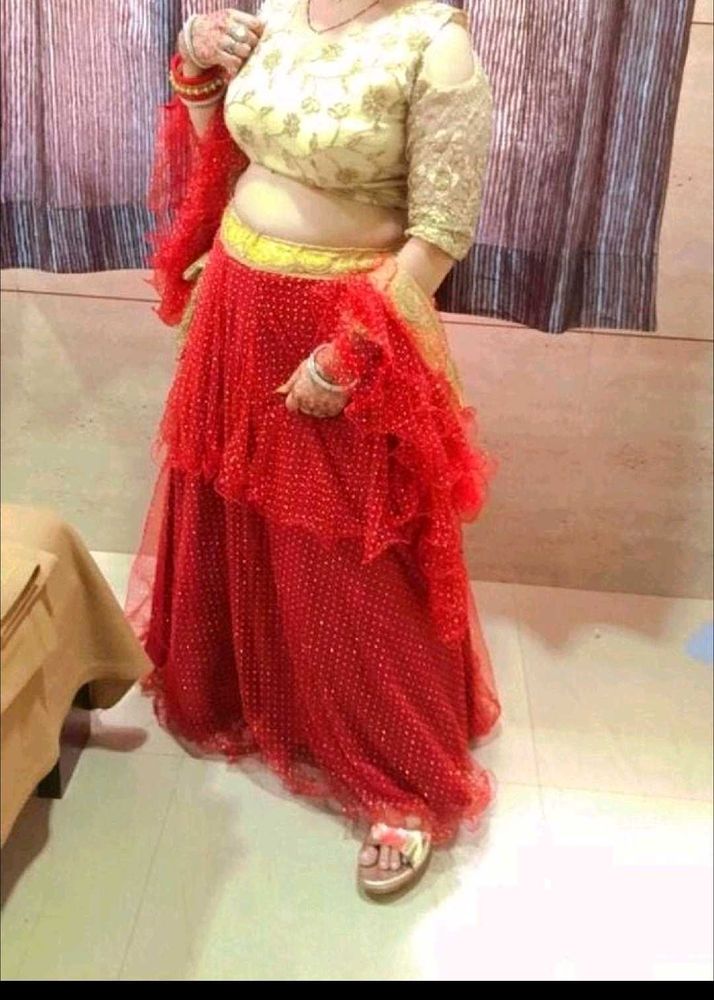 Red Sequinned Tiered Lehenga Choli Set