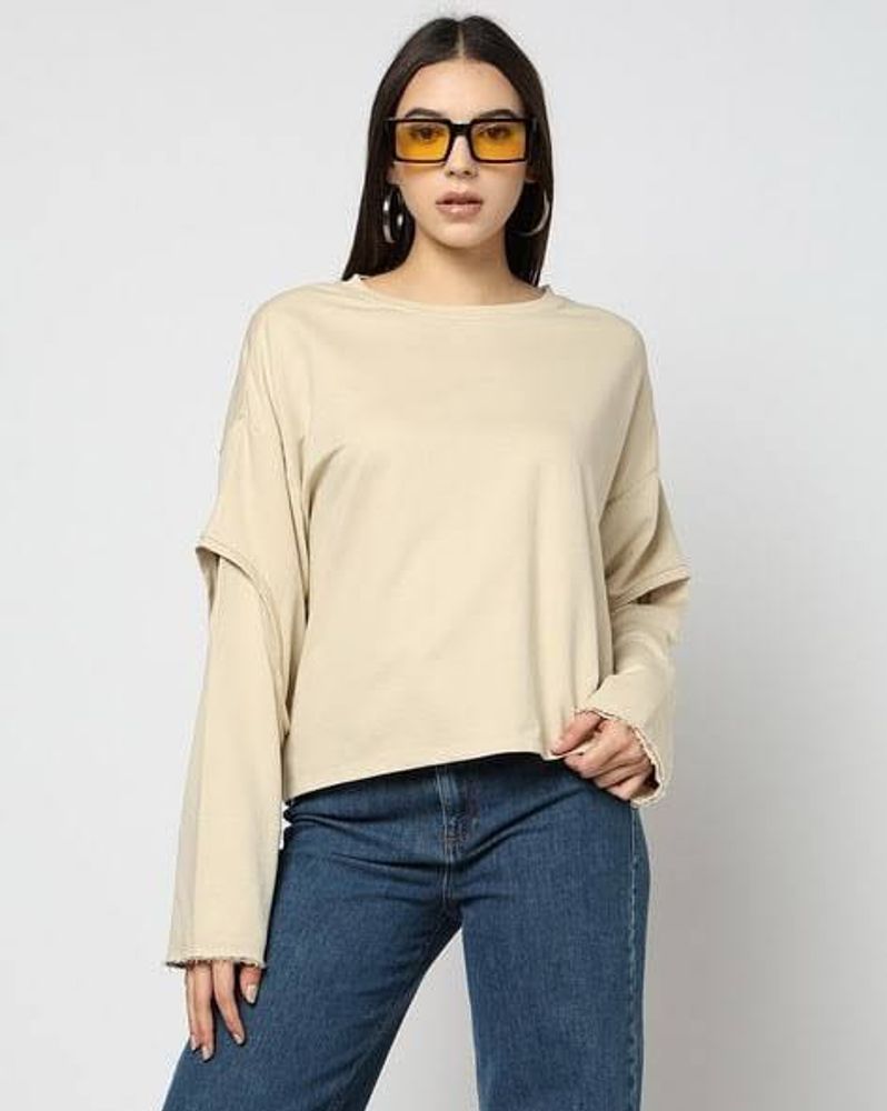 ✨ Beige Oversized Cut-Out Sleeve Sweatshirt | Pint