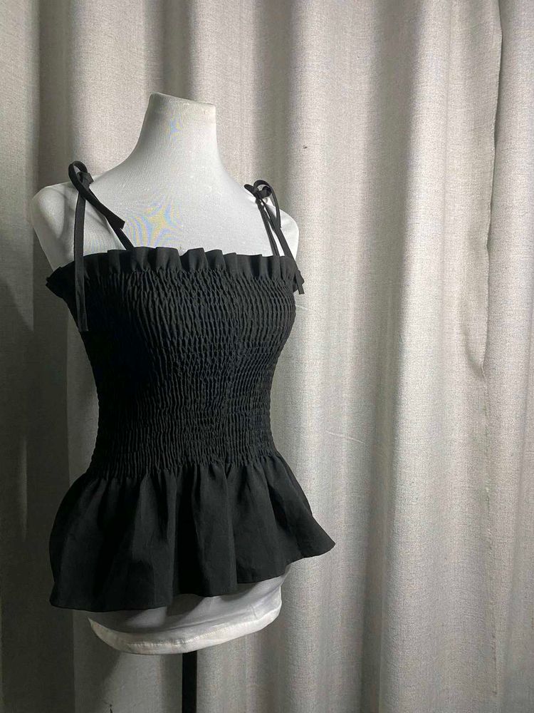 Chic Black Smocked Peplum Top