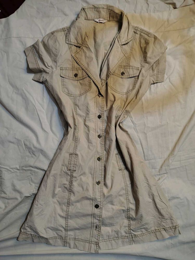 Stylish Beige Button-Up Shirt Dress