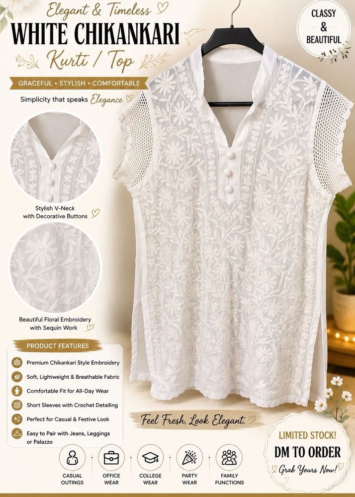 Elegant White Chikankari Kurta Top