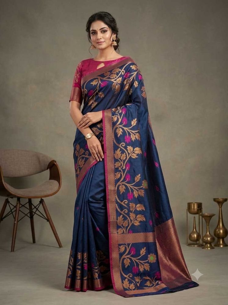 Elegant Blue Floral Silk Saree