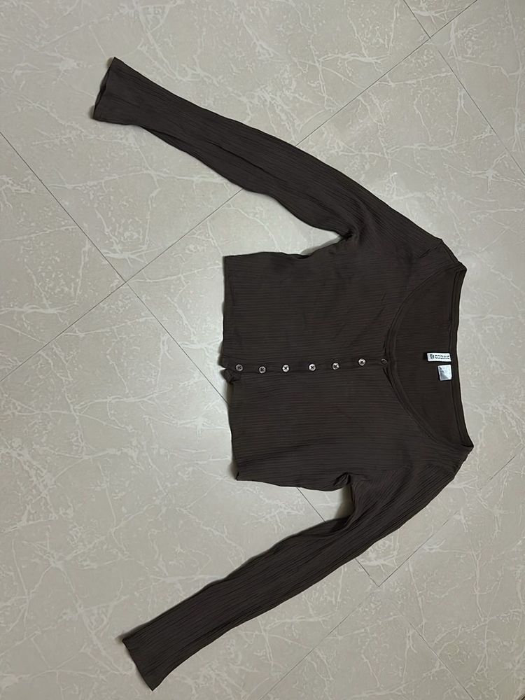 Chic Brown Ribbed Button-Up Top