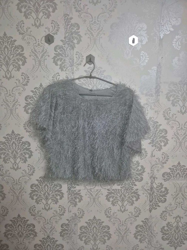 Silver Shaggy Crop Top