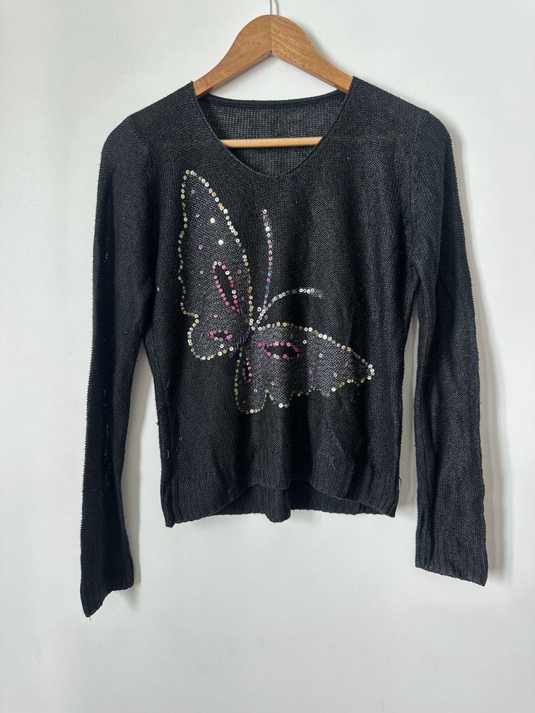Sparkly Butterfly V-Neck Sweater