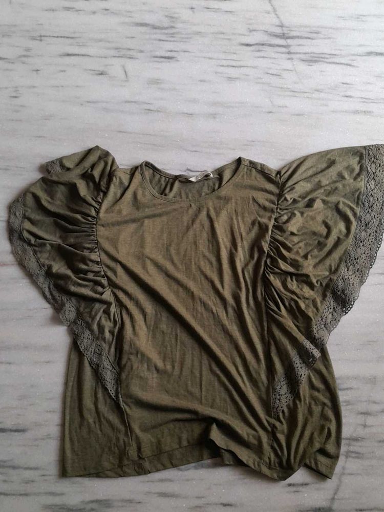 Stylish Olive Green Lace Sleeve Top