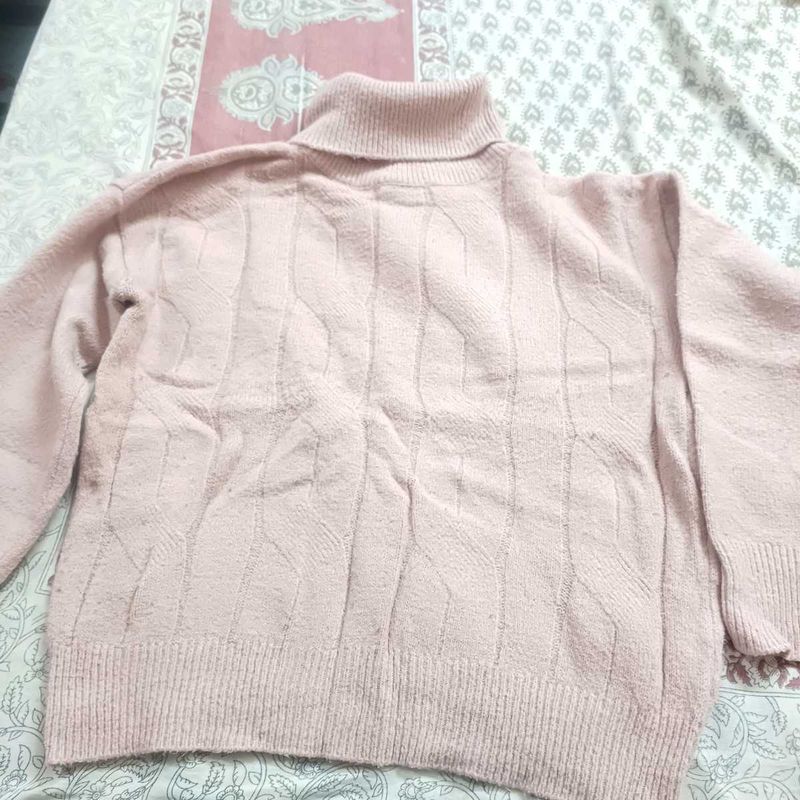 Cozy Pink Cable Knit Turtleneck Sweater