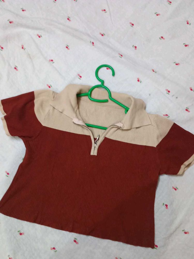 Retro Style Color Block Zip Polo Top