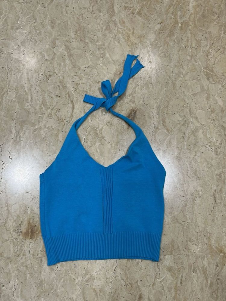 Blue Halter Neck Knit Top