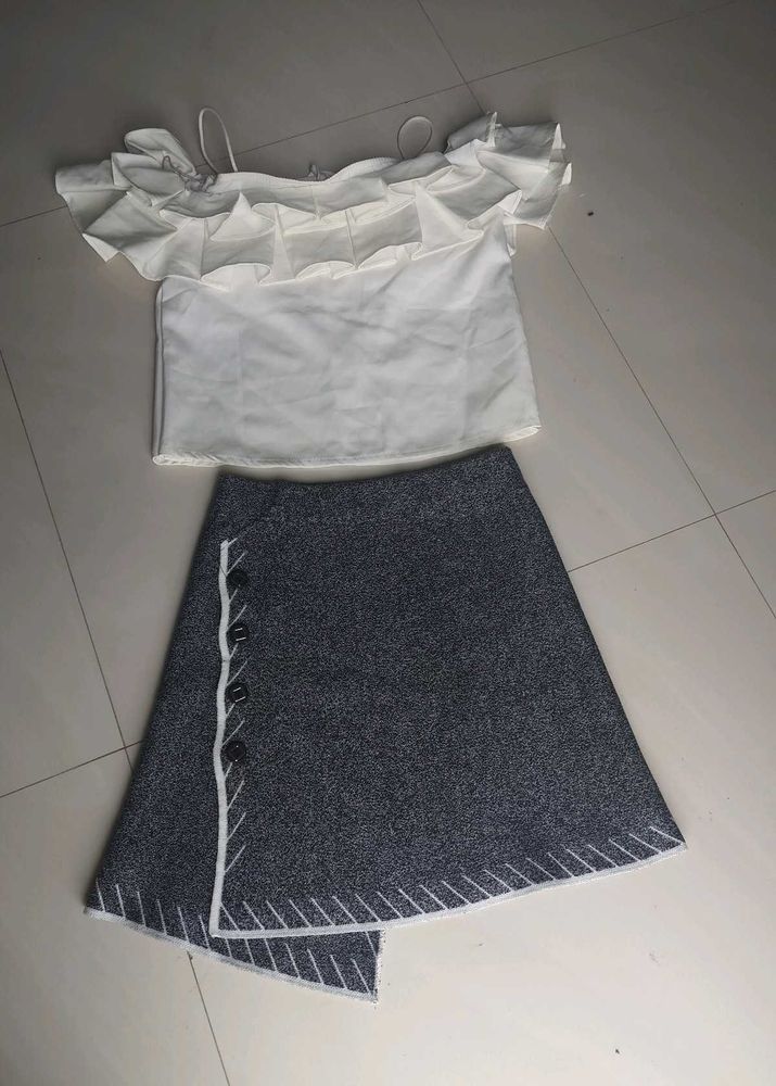 Grey Melange Jersey A-Line Mini Skirt with Buttons