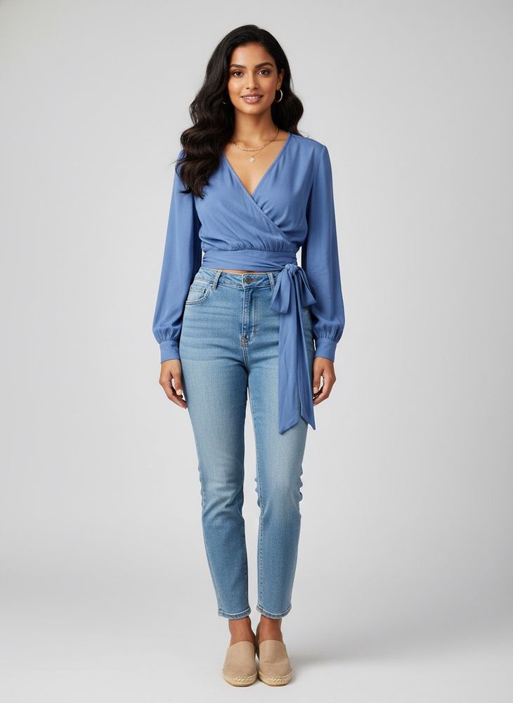 Blue Wrap V-Neck Long Sleeve Top