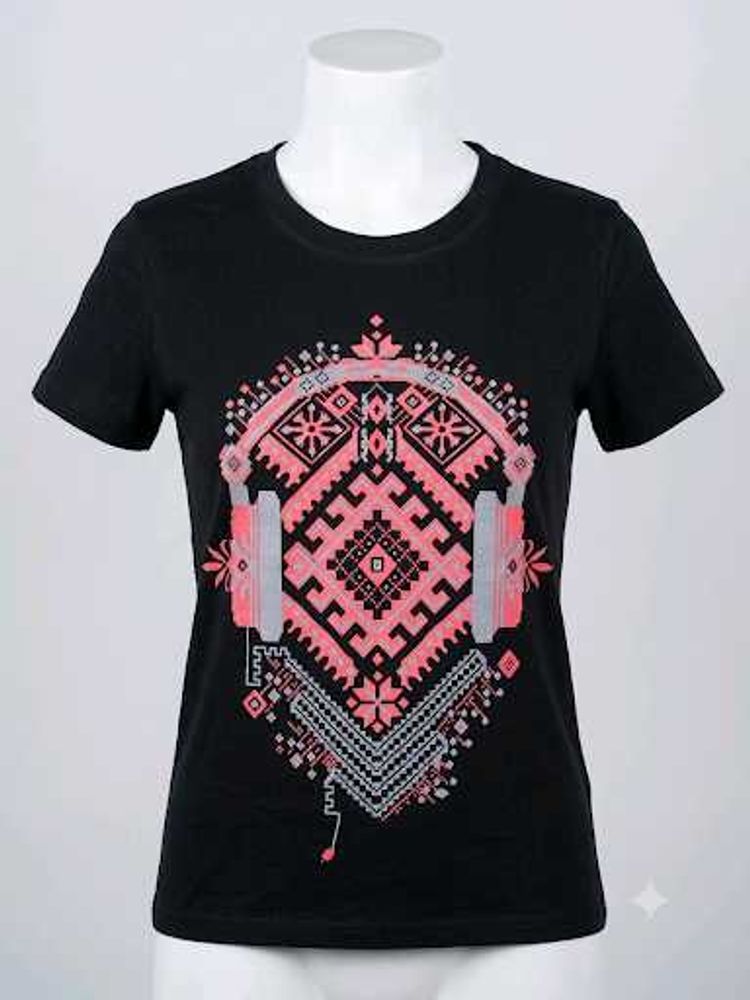 Black Graphic T-Shirt with Headphones Design