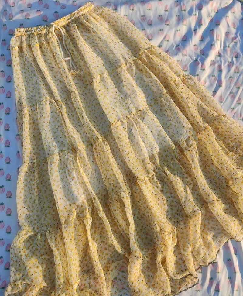 Yellow Floral Tiered Maxi Skirt