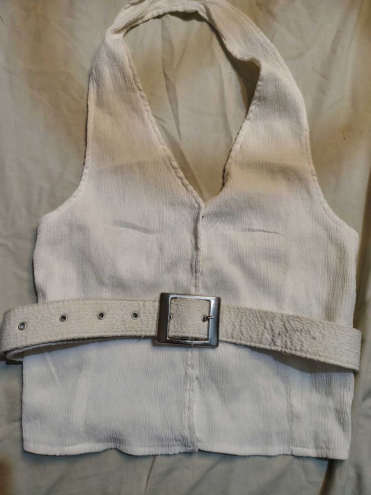 White Halter Neck Top with Belt