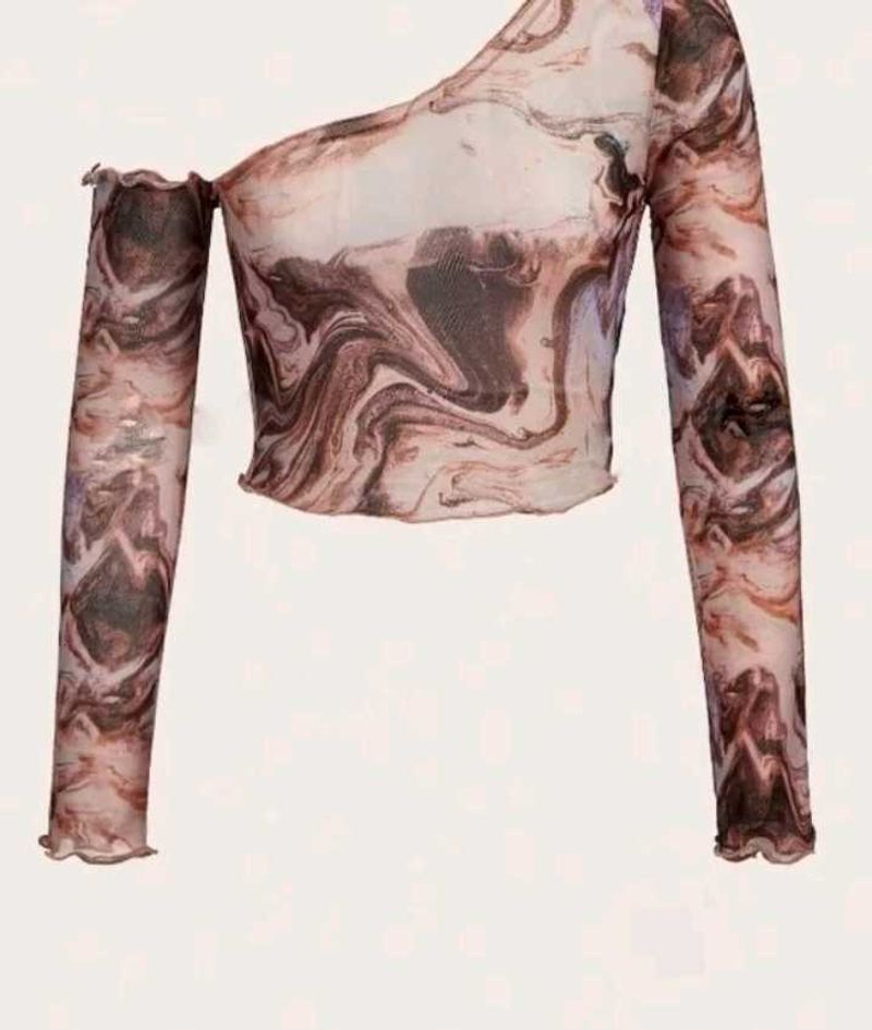 Trendy Marble Print One Shoulder Full Sleeve Crop